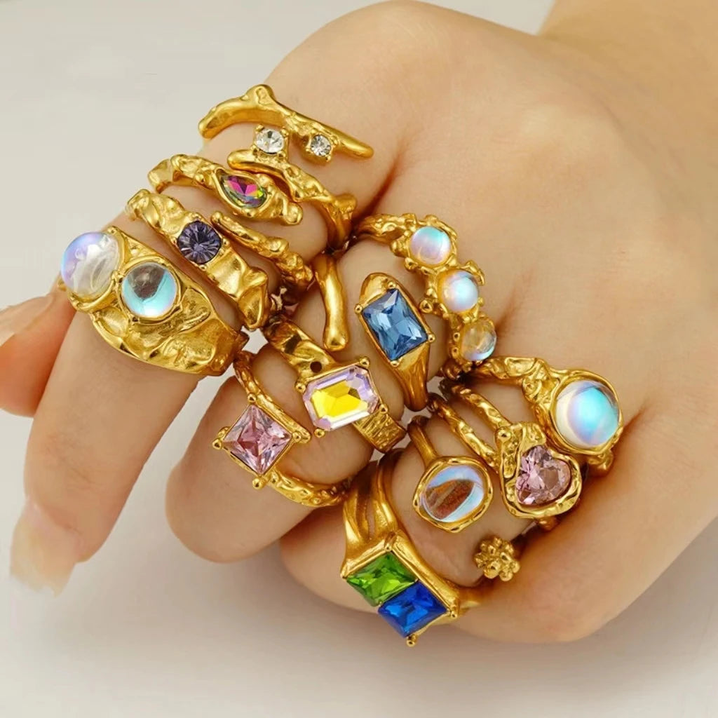 Hot Zircon Rhinestone Stainless Steel Open Ring Real 18K Gold Plated for Couple Wedding China Wholesale Women Pink Stone Adjust