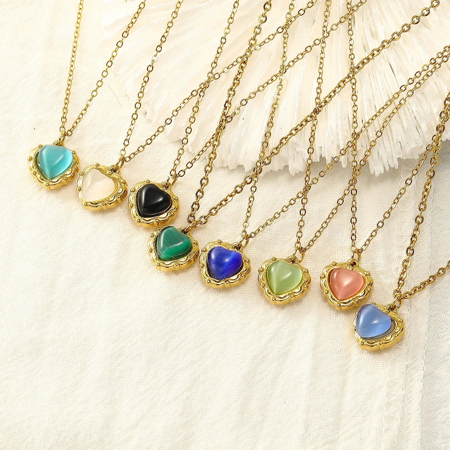 Nabest Bohemia Sea Side Cat's Eye Natural Gemstone Heart Pendant Stainless Steel Jewelry Necklace for Women