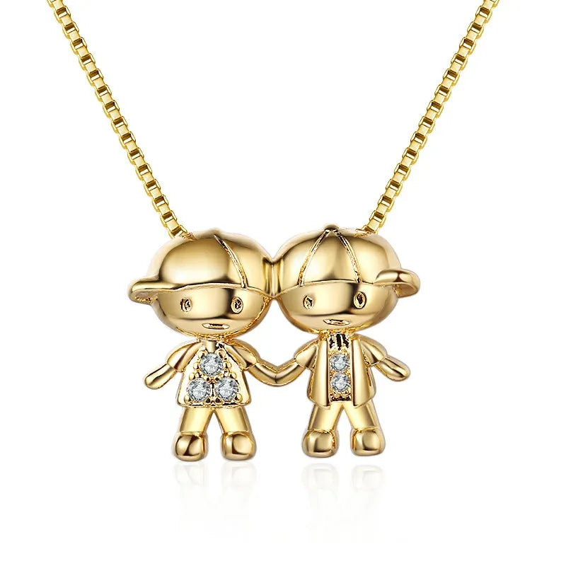2022 New Popular Cute Twin Boy Pendant Trendy Brass Plated 18K Gold Zircon Box Chain Necklace Wedding Wholesale