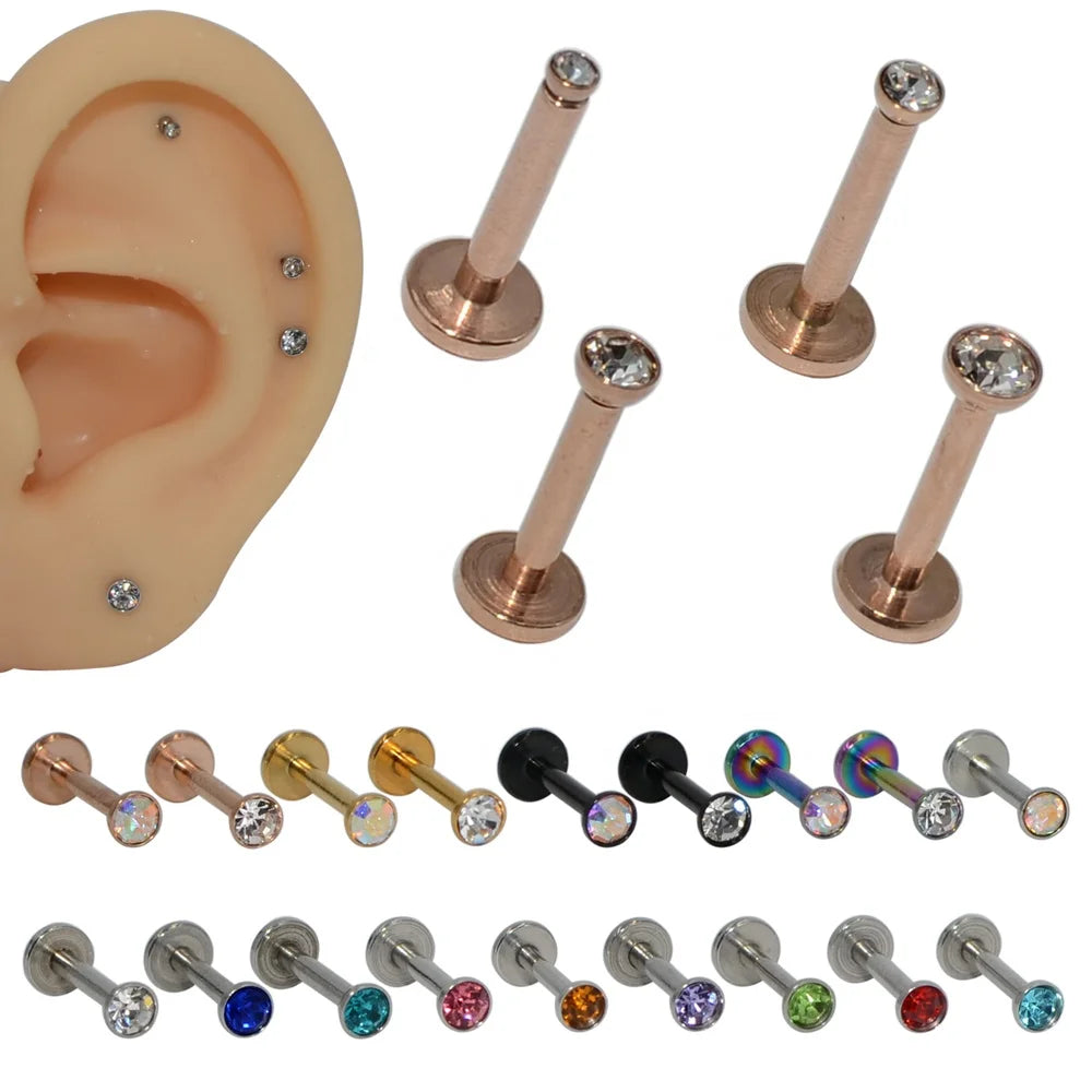 Surgical Steel CZ Gem Labret  Anodizing Gold Black Ear Cartilage Tragus Internally Threaded Lip Studs Piercing Jewelry 16G