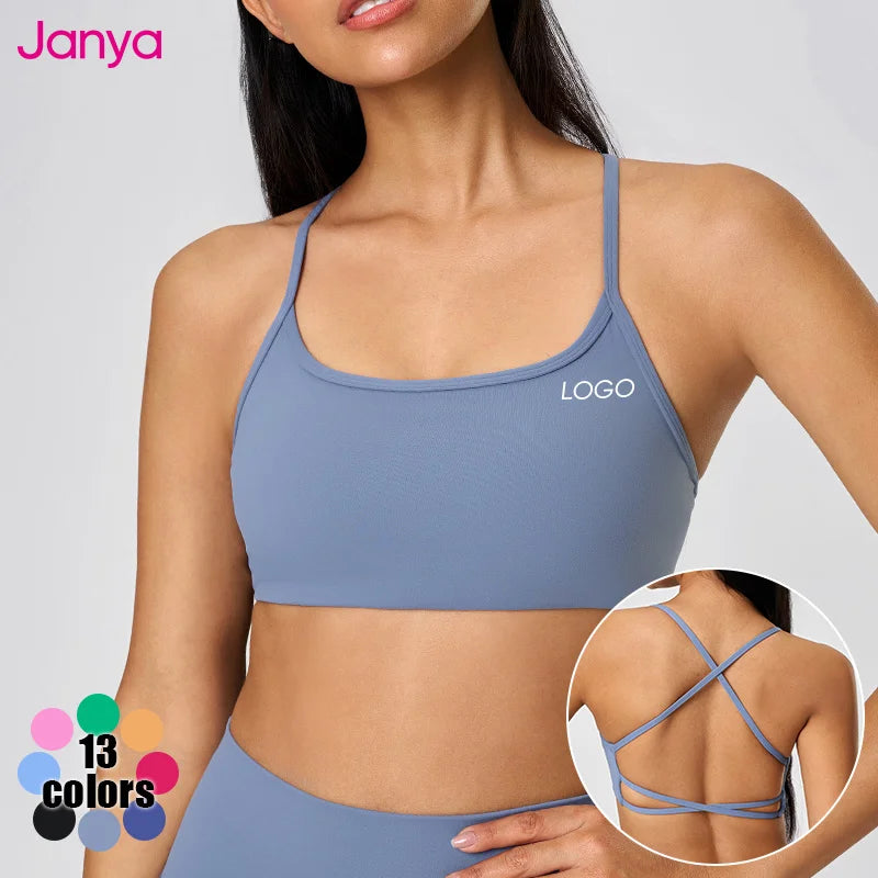 Janya Custom Logo Hot Sexy Yoga Bra Breathable Removable Pads Thin Strap Running Tops Bodybuilding Style Backless Spandex