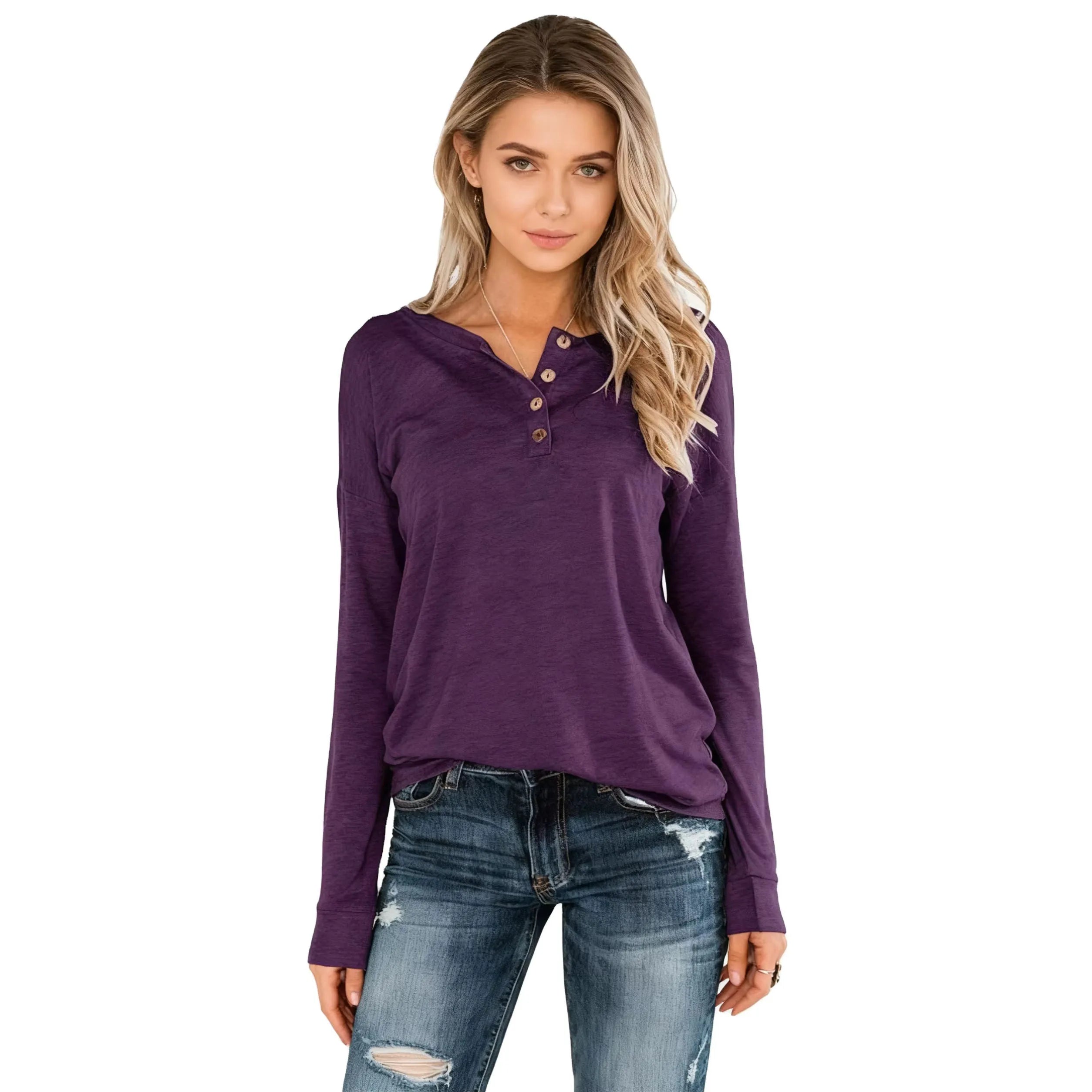 Calvera Women's Long Sleeve V-Neck T-Shirt - Loose Fit Casual Tops with Custom Design New Style Fashion