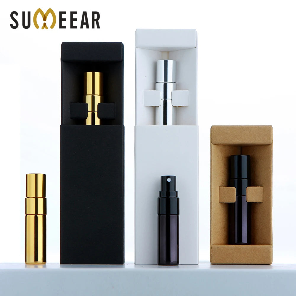SUMEEAR Mini 3ml Flat Spray UV Glass Bottles Refillable Perfume Atomizer with Paper Drawer Box and Fragrance Sample Tester Vial