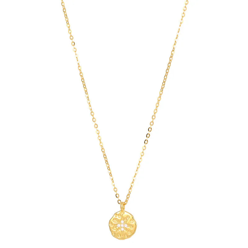 Fashion 925 Sterling Silver Polari North Star Zircon Coin Shape Eight-pointed Star Pendant Gold Plated Necklaces Women