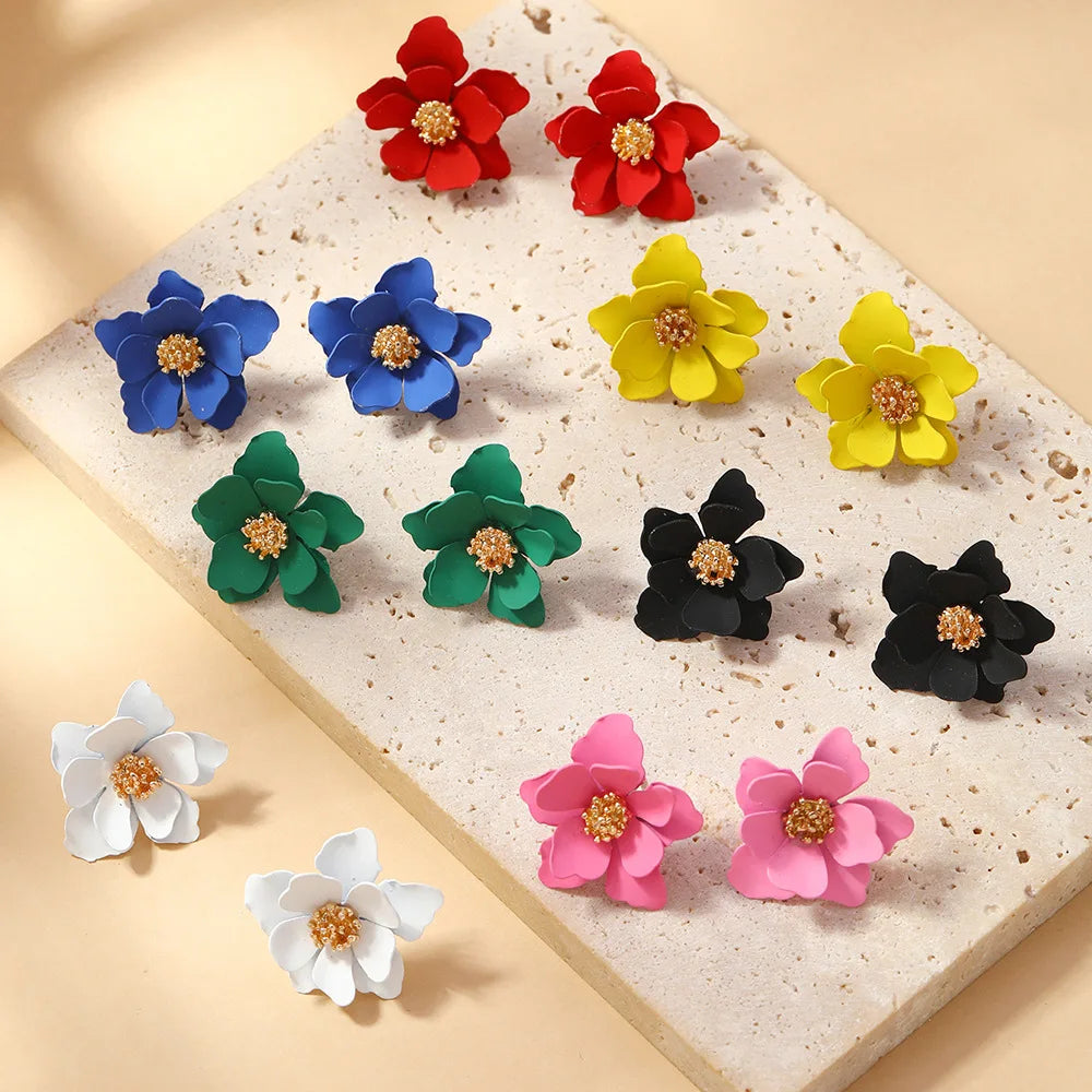 Bohemian 7 Color Paint Spraying Petal Flower Shaped Earrings Metal Frosted Red Flower Stud Earrings