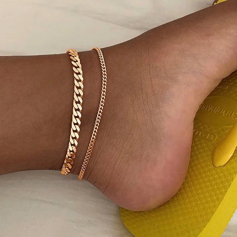 Metal Thick Chain Double Ankle Bracelet for Women Summer Beach Fashion Foot Accessories Made of Alloy Jewelry