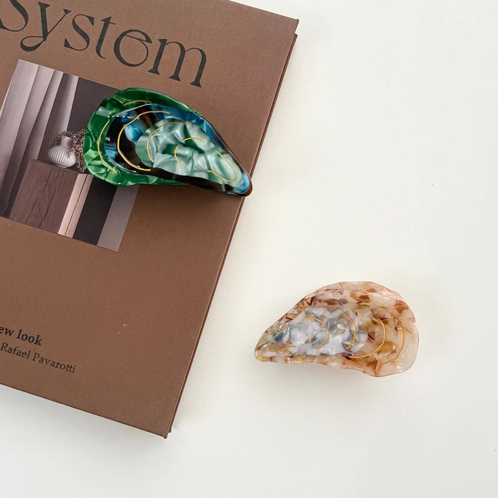 Oyster Shell Shaped Marbled Acetate Hair Barrette Hand Drawn Line Daily Vacation Hair Accessories For Women Ladies MegaBDM