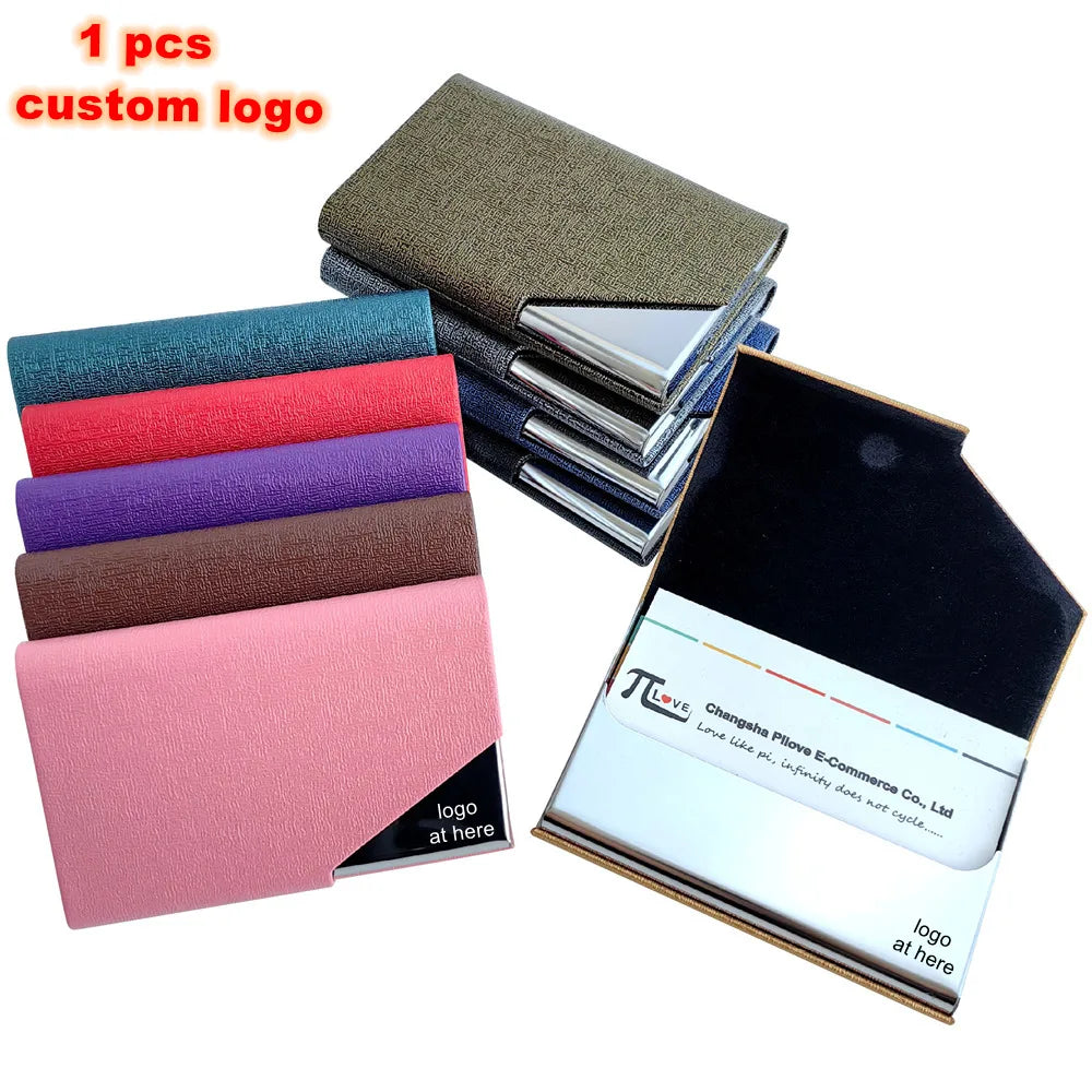Custom Engraving Logo Business Gift  Card Holder Case Stainless Steel PU Leather Personalized Magnetic Business Name Card Holder