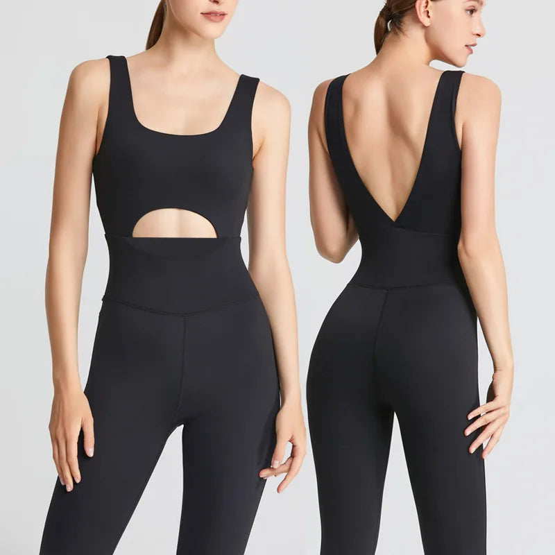 Fashion One-Piece Yoga Jumpsuit with Deep V Back Outdoor Fitness Sports Bodysuit Hollow Back Design
