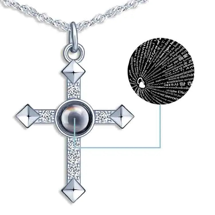 S925 Silver I Love You Cross Projection Necklace 100 Languages Prayer Silver Edge for Woman Girlfriend