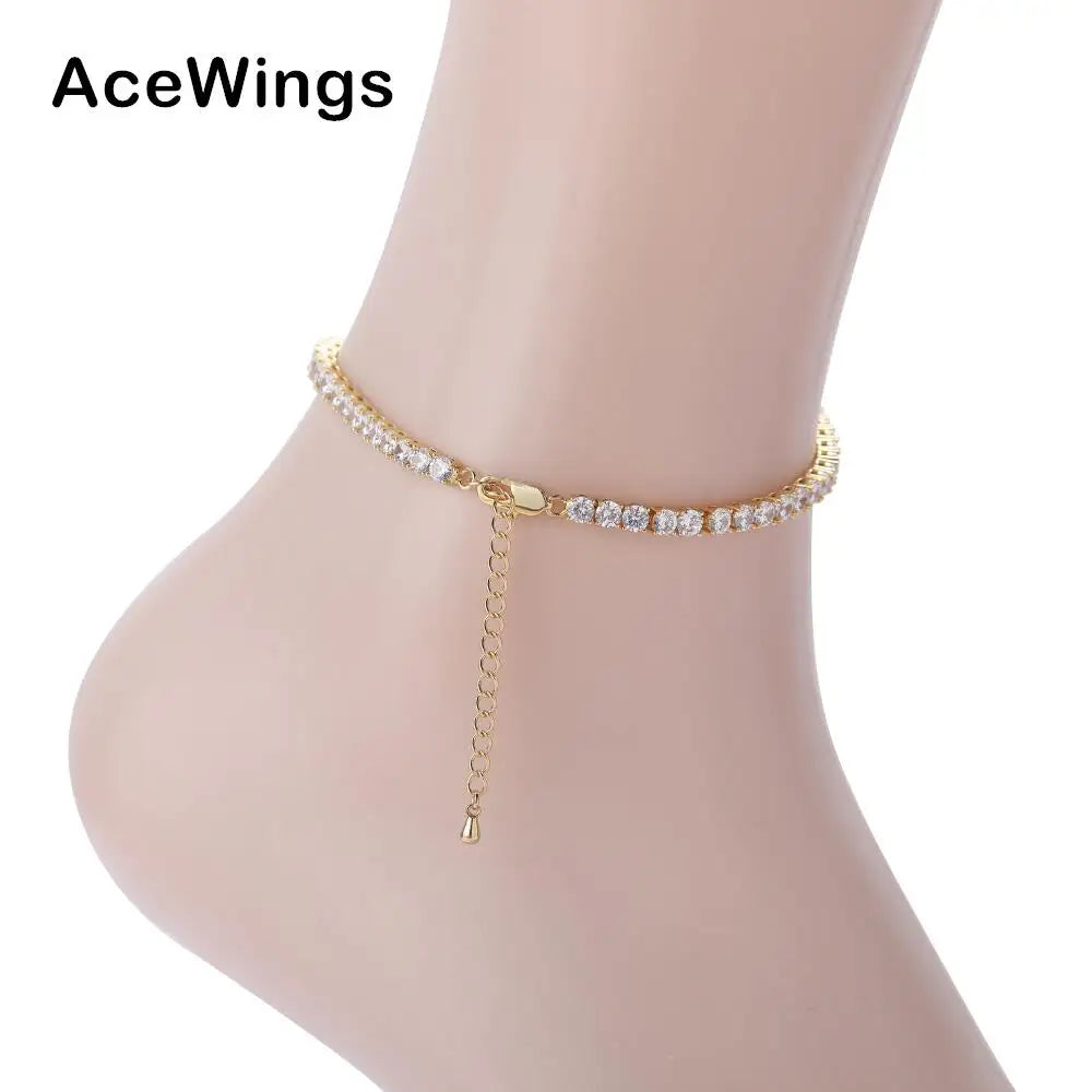 A003 4mm Brass CZ Tennis Anklet 9inch  with Extender Chain Iced Out Cubic Zircon Bling Bling for Women