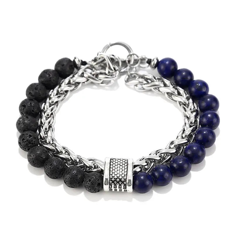 Men's Women's Cool Rock Lava Stone Beads Bracelet Stainless Steel Natural Healing Crystal Metal Link Gift for All Occasions