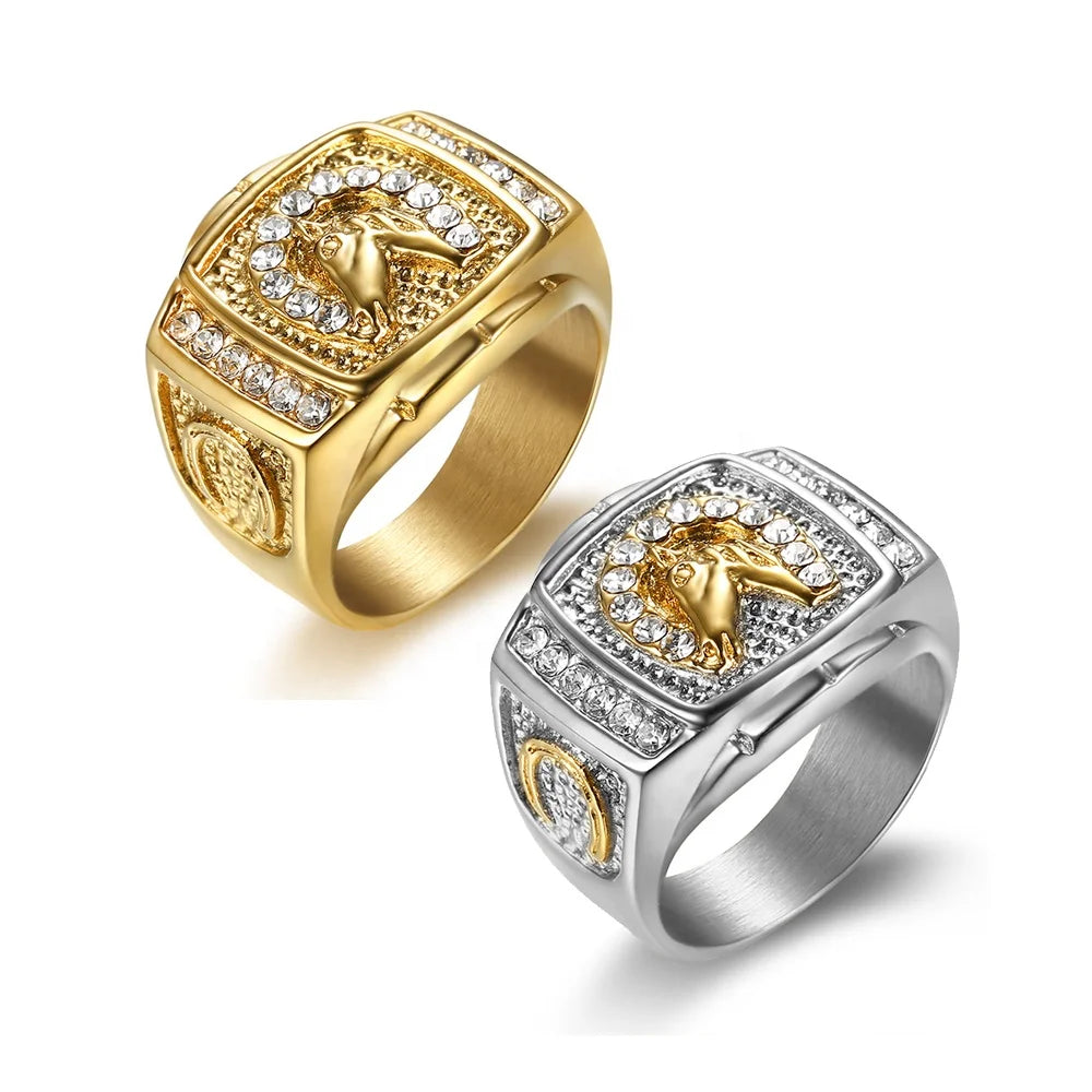 New Design Hip Hops Religious Square Stainless Steel Zircon Ring Jewelry Silver Gold Tone Horse Head Pattern Mens Rings