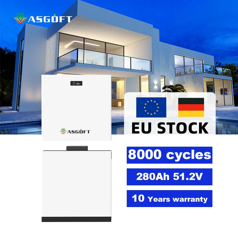 Germany Stock Asgoft 51.2V 280ah 15kWh Lithium Battery Power Station Backup Power Home Energy IP65 Stackable Solar Power Grid