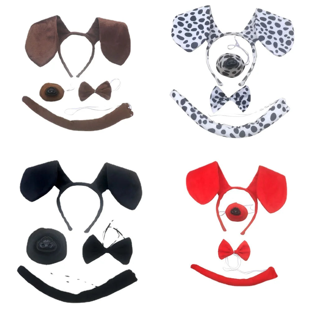 Dachshund Spotted Dog Kids Ballet Animal Headband Ears Nose 4pc Set Cute Unisex Headpiece Party Cosplay Accessory