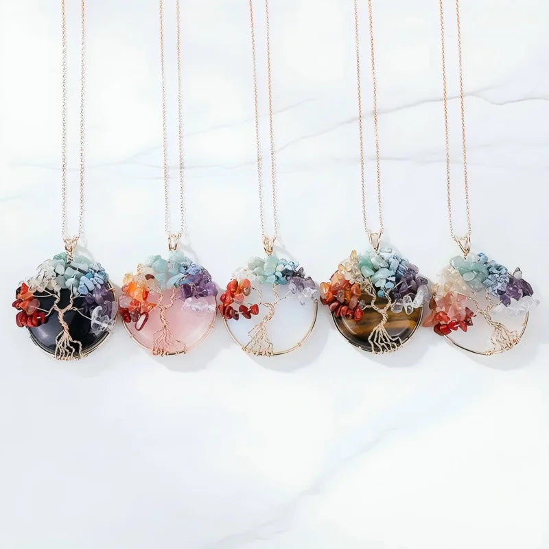 Natural Lucky Crystal Tree of Life Wire Wrapped Handmade Chakra Energy Necklace Pendant