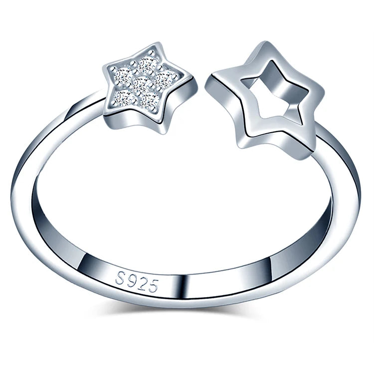 Two Stars Combination Zircon 925 Sterling Silver Classic Polish Ring Open Design for Wedding Engagement Gift Party Anniversary