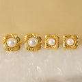 Elegant Retro Stainless Steel 18K Gold Plated Pearl Inlaid Square Earring for Women