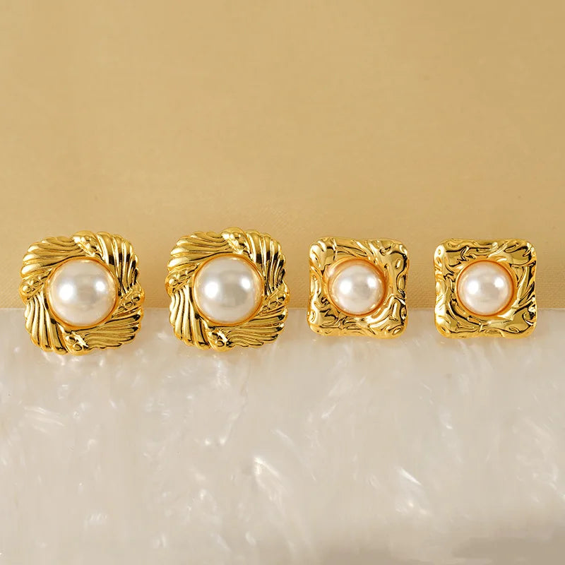 Elegant Retro Stainless Steel 18K Gold Plated Pearl Inlaid Square Earring for Women
