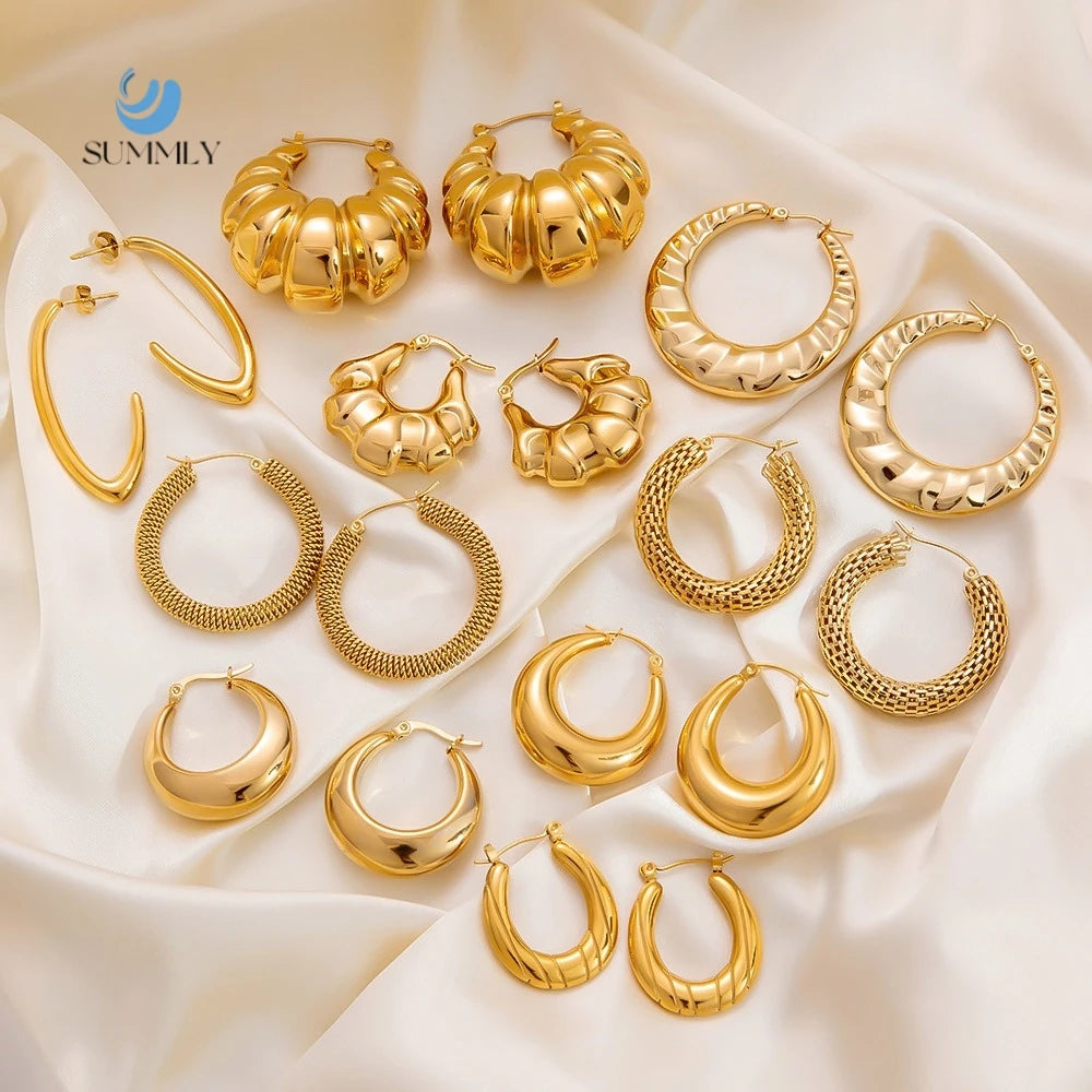 SUMMLY Vintage 18K Gold Plated Stainless Steel Hoop Earrings Waterproof Tarnish-free Fashion Women Jewelry