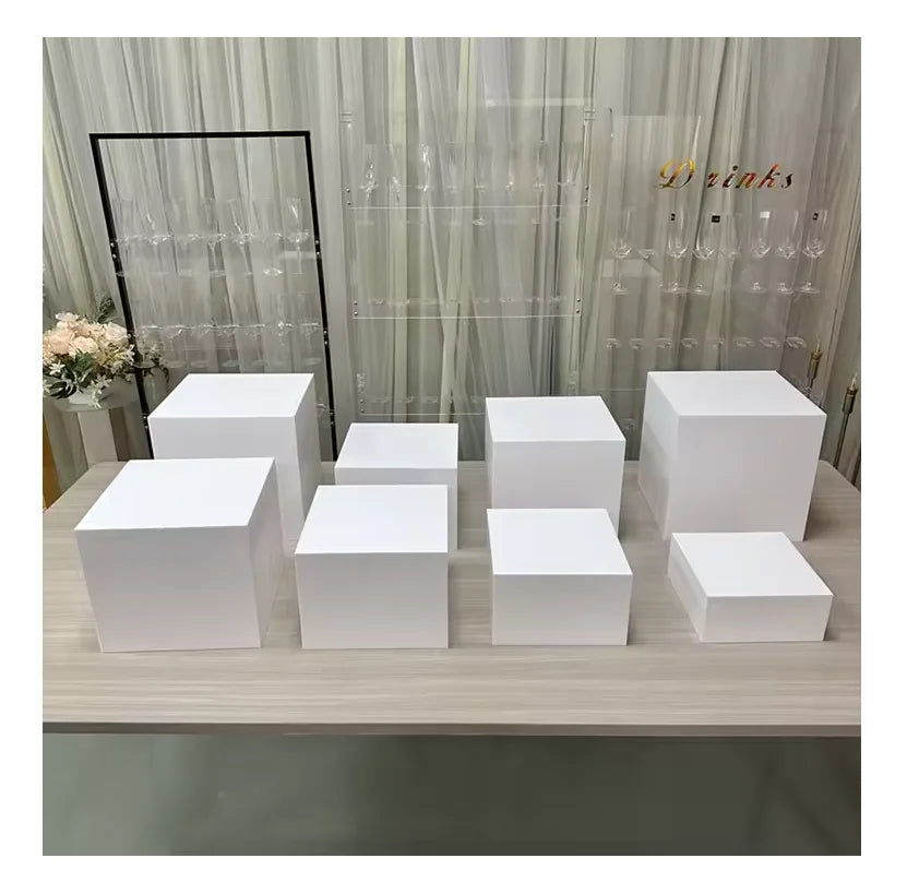 Set of 8 White Buffet Acrylic Table Riser Cube Nesting Risers Lucite Square Food Pedestal Box Display Riser MegaBDM