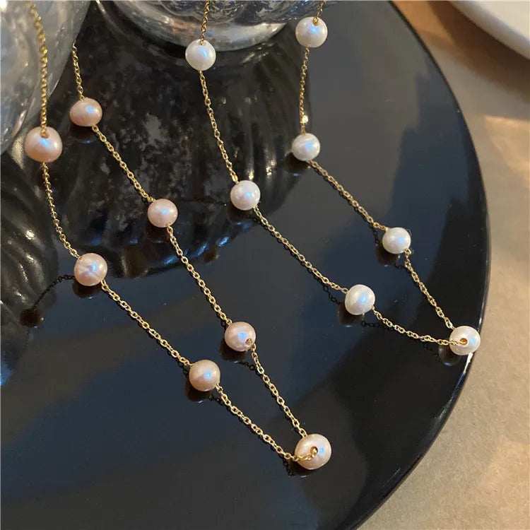 Korean Gold Plated Beads Necklace Fashion Adjustable Clavicle Choker Necklace INS White Pink Natural Freshwater Pearl Necklace