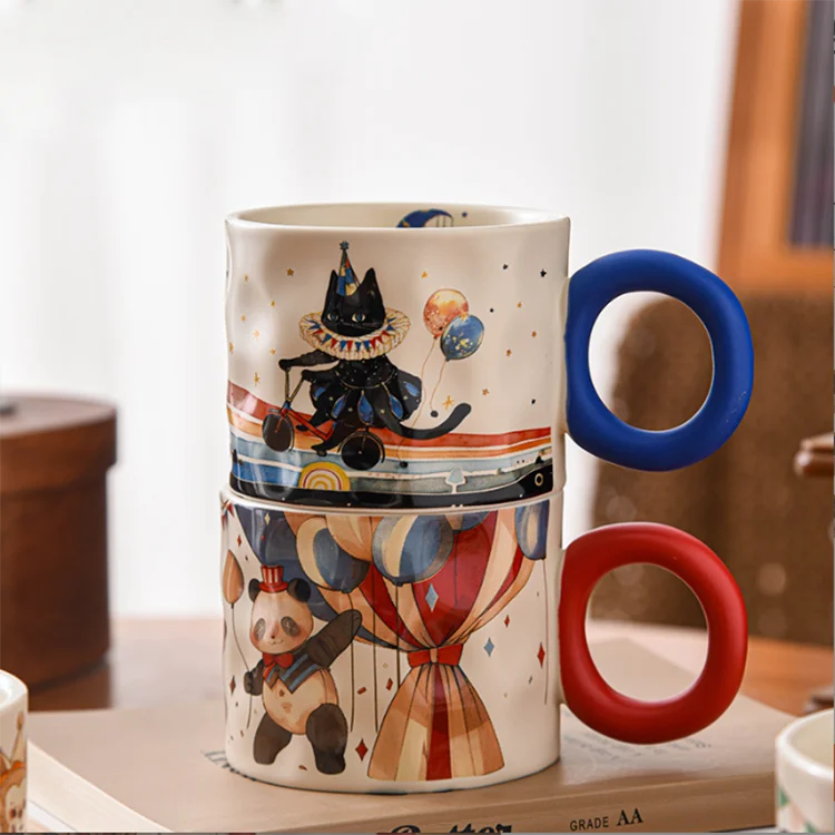 Hot Sale Creative Fantasy Circus Cartoon Design Ceramic Mug High Value Office Water Cup Coffee Mug for Events or Gifts