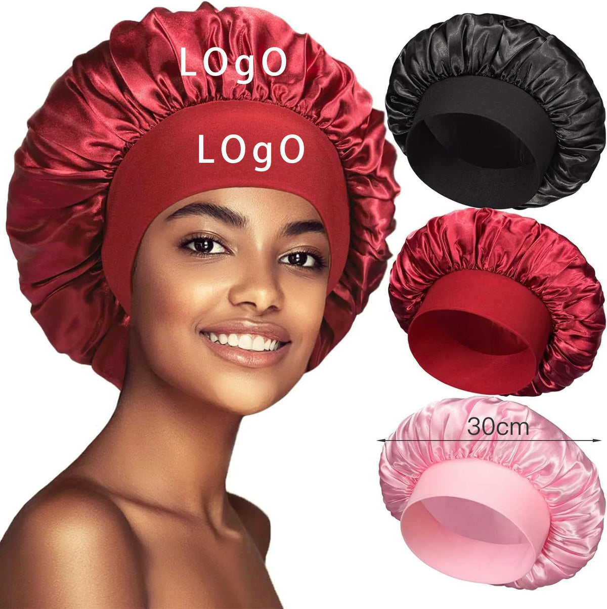 Custom Logo Wide High Elastic Headband Sleep Bath Double Layer Satin Silk Large Women Shower Cap Sleeping Hair Cap Bonnets
