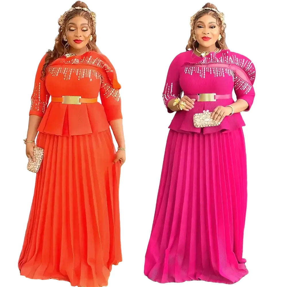 European and American Summer Women's Loose Dress Set Lady Top and Dress Two-piece Suit Elegant Beading Max Dress With Belt