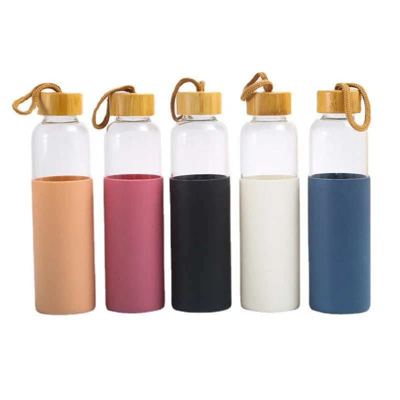 Custom Logo 2025 Wood Lid Portable Glass Water Bottle with Silicone Sleeve