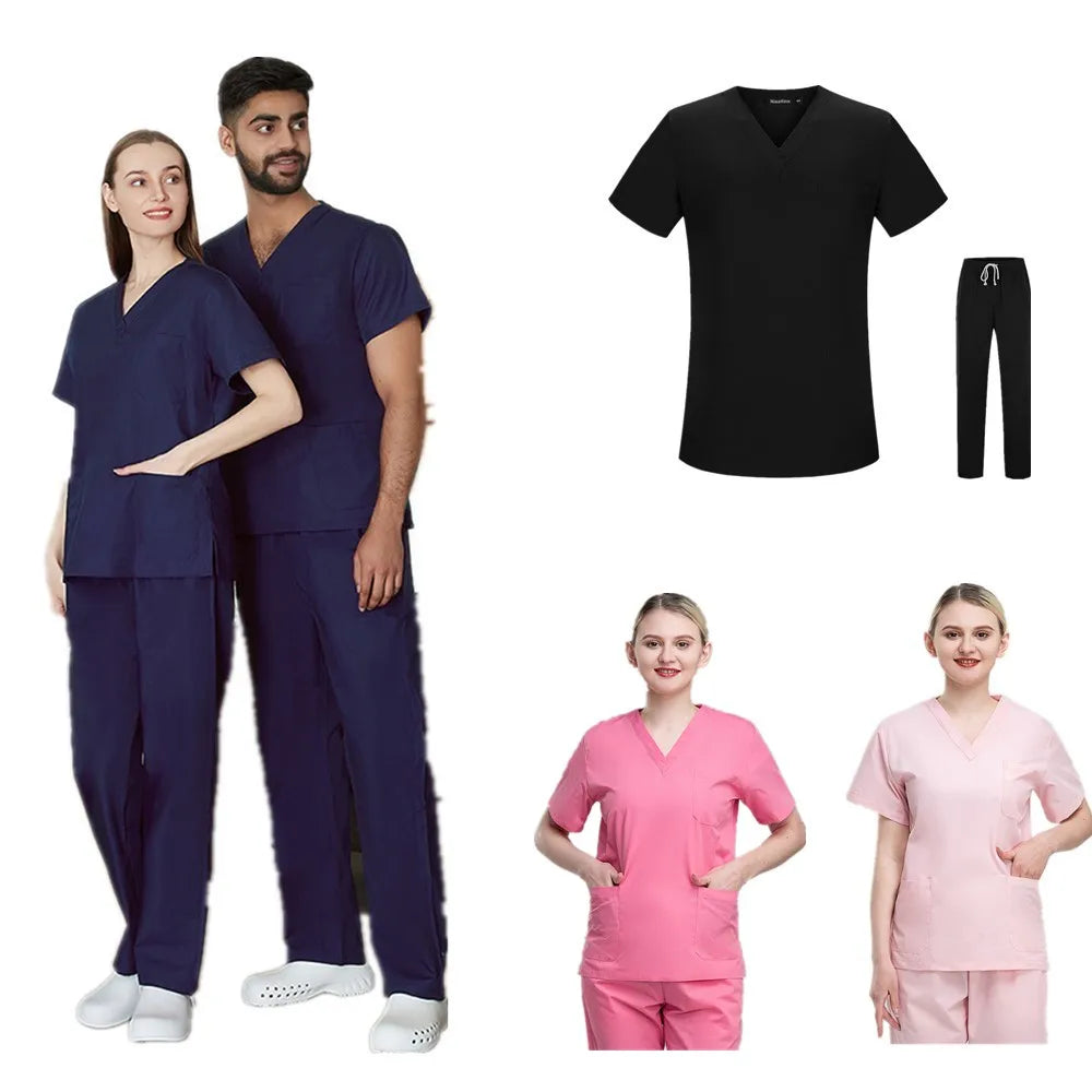 Elastic Polyester and Cotton Custom logo Hospital Uniforms Scrubs Nurse Uniform Unisex Men Women Scrub Uniform Sets