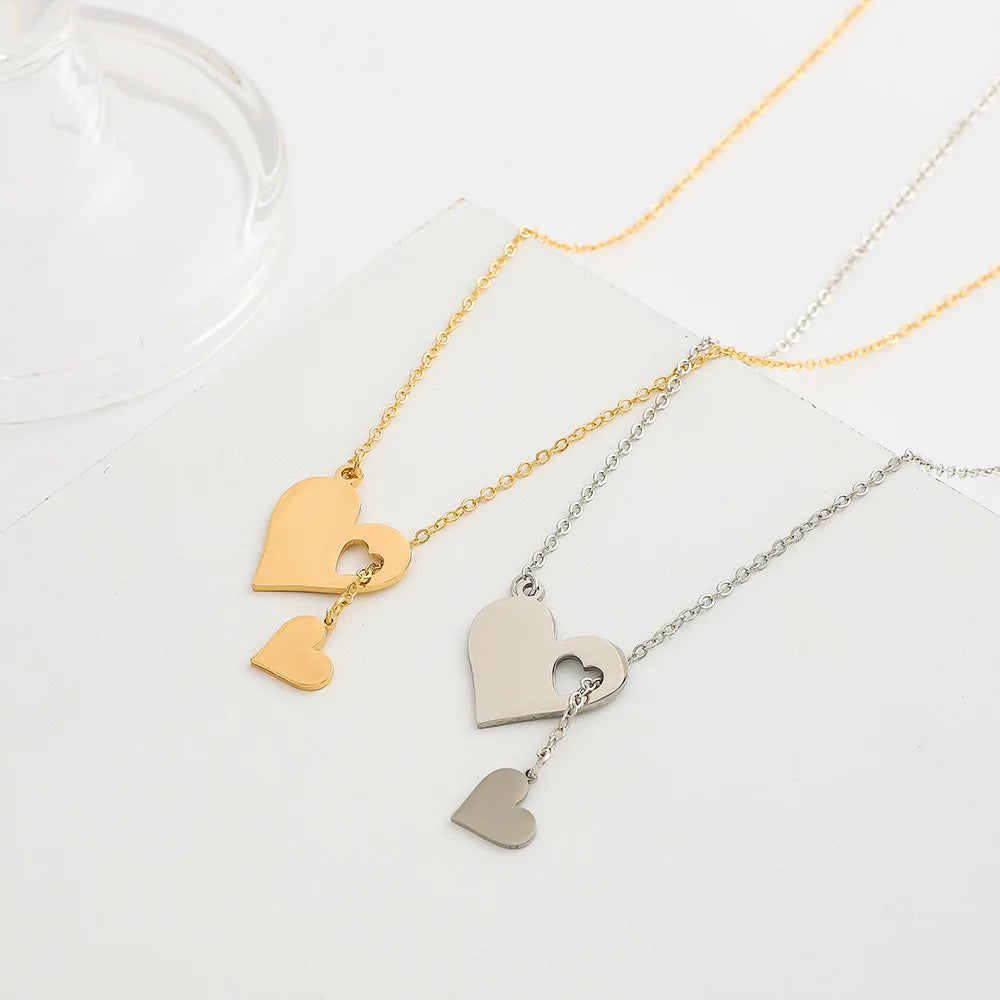 Stainless Steel Double Heart Pendant Necklace for Women Couple Choker Gold Silver Color Chain Wedding Party Friends Jewelry Gift