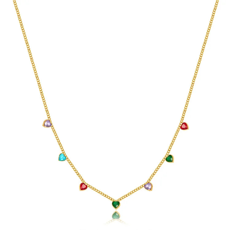 Fashion Personalized Zircon Princess Cut Stainless Steel Gold Plated Women's Choker Necklace with Heart Charms