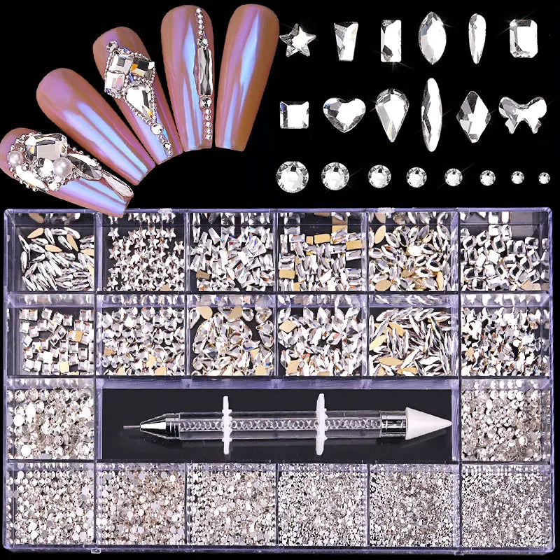 Crystal White Nail Art Mix Shape Fancy Shaped in Box Flat Bottom Glass Nail Rhinestone Art Decoration White Rhinestones