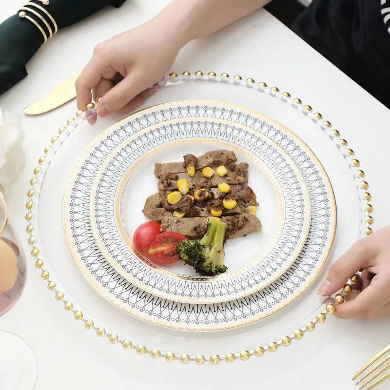 Wedding Table Decoration Clear Golden Glass Beaded for Charger Plate Dish Pattern Type-Plant Model DH987