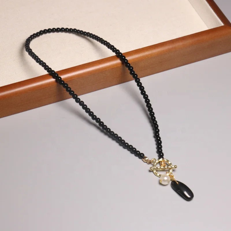6mm Bohemian Black Onyx Stone Necklace for Men Women Natural Stone Pendent Beaded OT Clasp Choker Jewelry Gift Wholesale