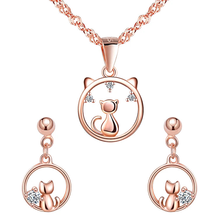 925 Silver Imitation Jewelry Cute Cat Jewellery Set
