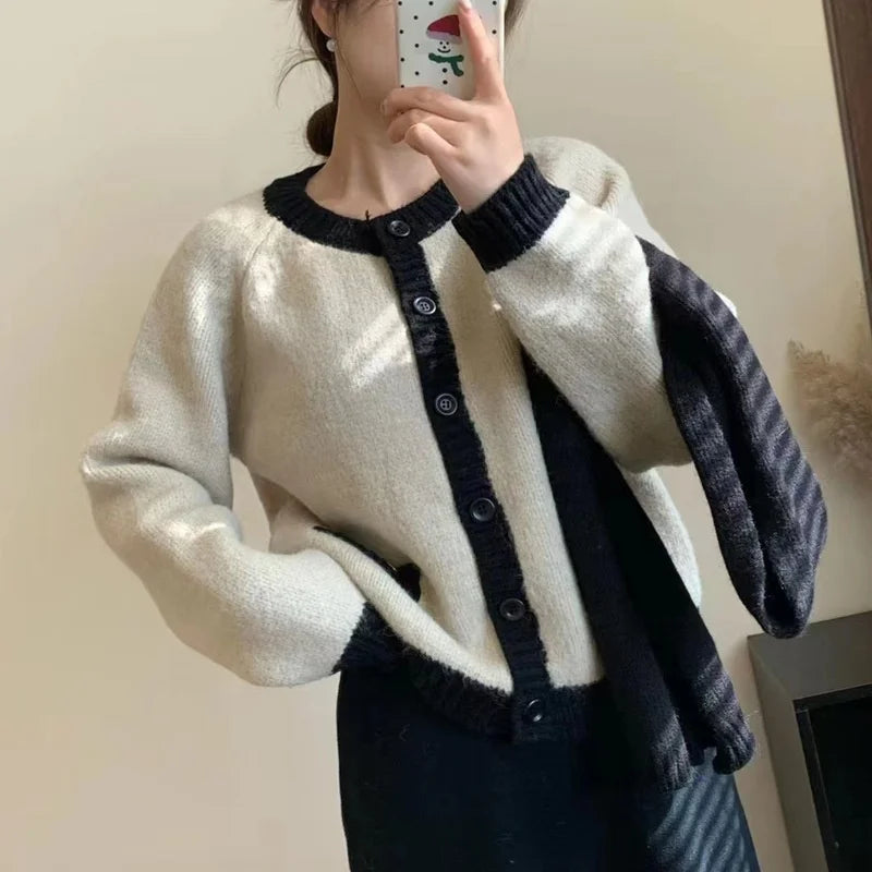 Cis Cardigan Customise Ladies Sweaters and Cardigans Patchwork Design O Neck Long Sleeve Button Knitted Jacket for Women