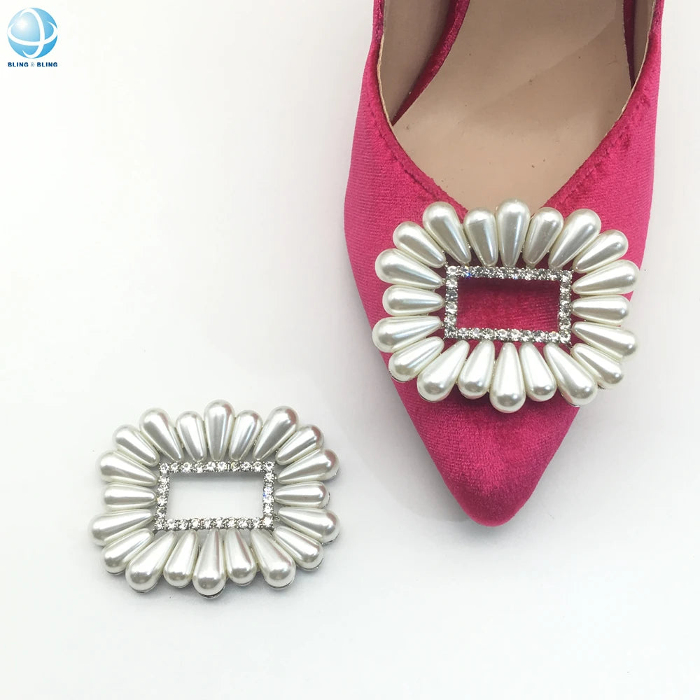 Square Rhinestone Pearl Shoe Decorations Charm Buckle Ornament Applique Clip Accessories for Lady Shoes