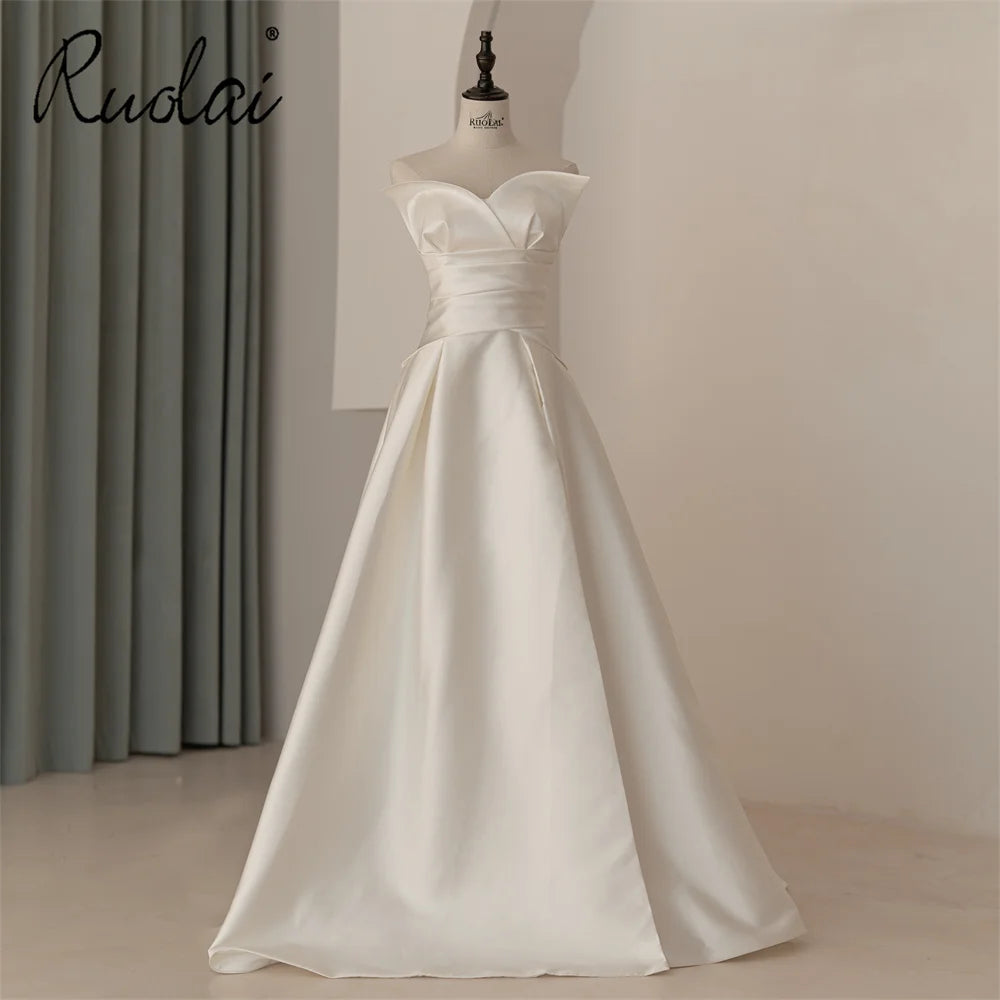 Ruolai QD06121 Sweetheart Neck Pleated Lace up Back Sleeveless Mikado Satin Bridal Gowns Wedding Dress
