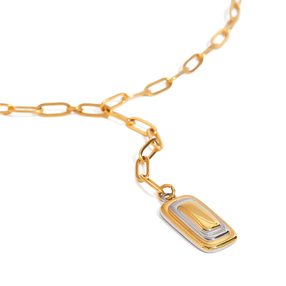 J&D  Minimalist Two-Tone Square Pendant Necklace 18K Gold Stainless Steel with Paperclip Chain 45+5cm Adjustable Fashion Jewelry