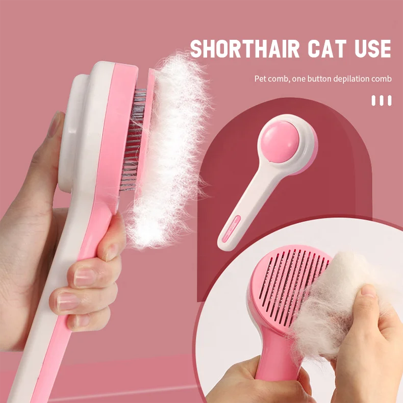 Pet Hair Grooming Brush for Shorthair Cat Stainless Steel Button Pet Hair Removal Comb Cat Brush