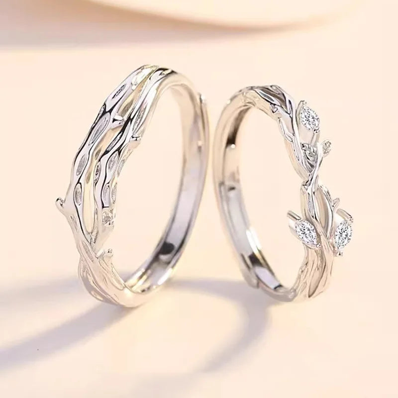 Lianlian Branch Couple Copper Inlaid Zirconia Fashion Creative Branch Opening Small and Minimalist Thorn Flower Pair Ring