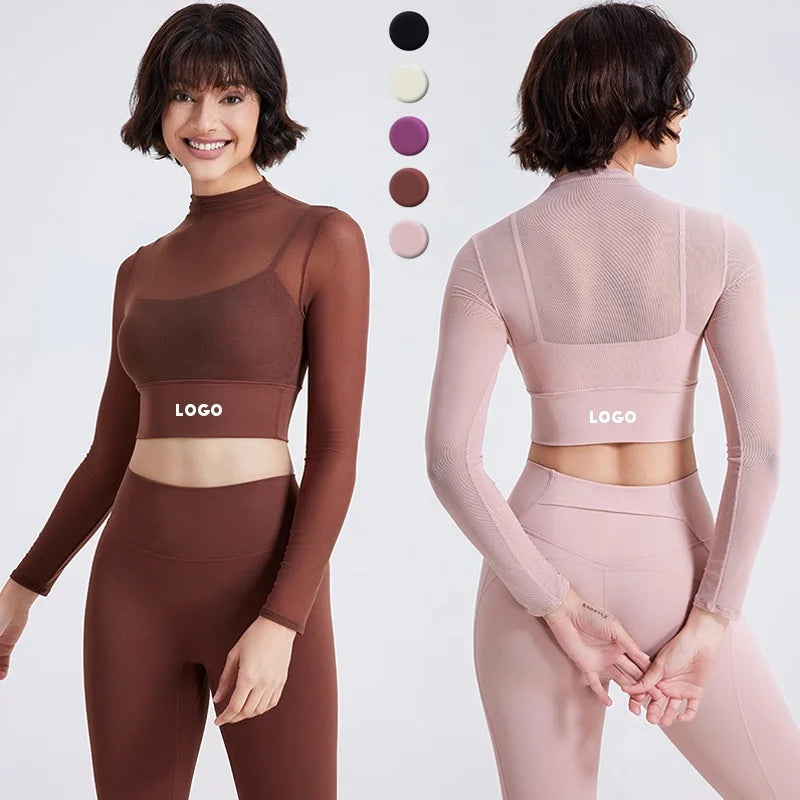 Women's 2 in 1 Fitness Wear Mesh Long Sleeve Yoga Crop Tops With Built-in Sports Bra Athletic Stretchy Gym Cropped Shirts
