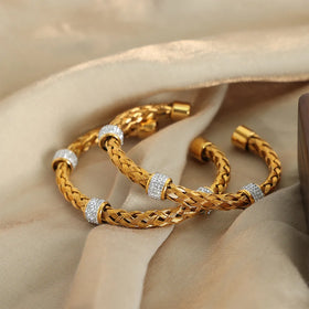 Non Tarnish 18k Gold Plated Woven Hollow Design Open Bracelet Cubic Zirconia Stainless Steel Cuff Bracelet Pulseras Y Brazaletes