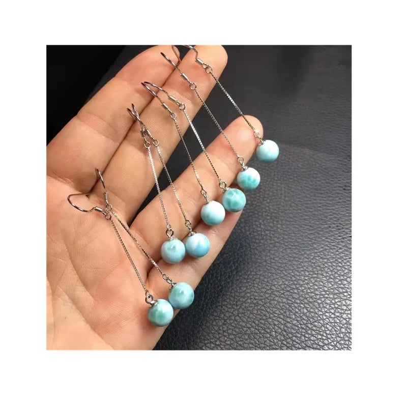 Healing Gemstone Stone Fine Jewelry Natural Raw Crystal Larimar 925 Sterling Silver Earrings Hook