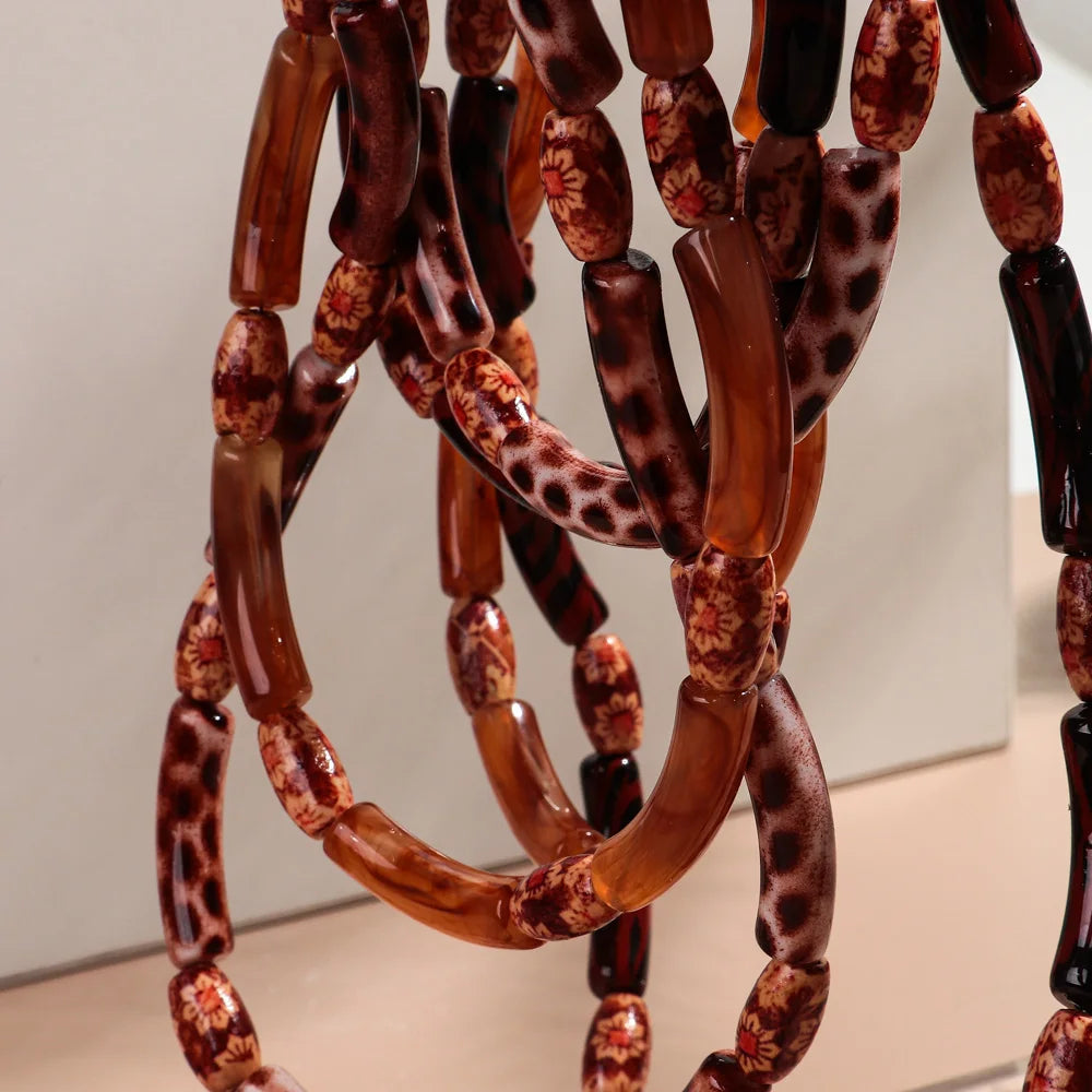 Vintage Multi Layer Serpentine Wood Bead Necklace Funny Flower Patterns Leopard Print Acrylic Necklace Jewelry for Women