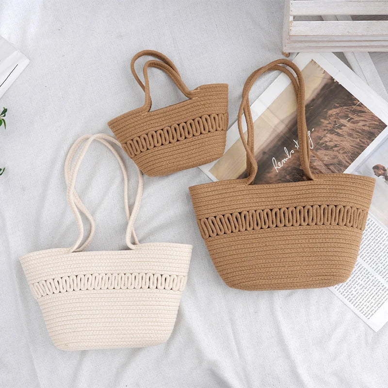 2026 Women's Summer Woven Cotton Tote Handbag Fashionable Hollowed Out Design Durable and Portable with Two Handles