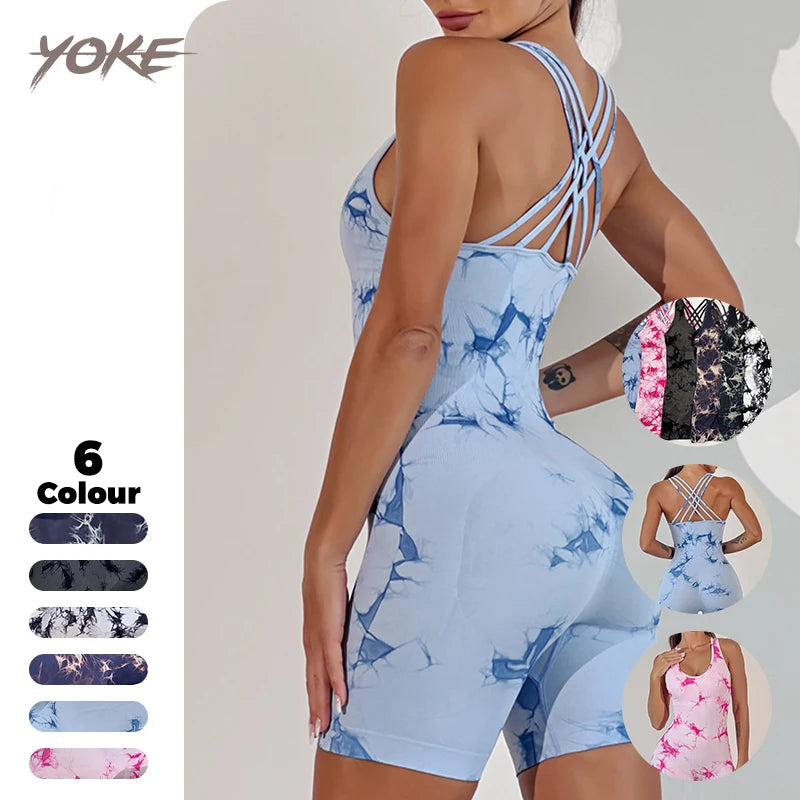 YK Tight Shape Body Vest Different Customizations Breathable Sports Tie Dye Seamless One Piece Jumpsuit Short Set for Women