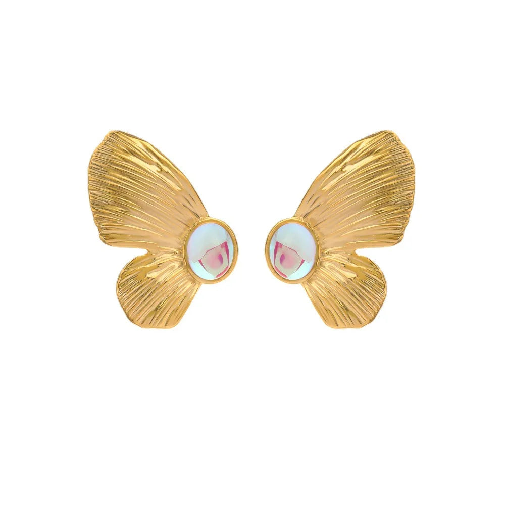 Waterproof Jewelry Stainless Steel Moonstone Women Butterfly Earrings